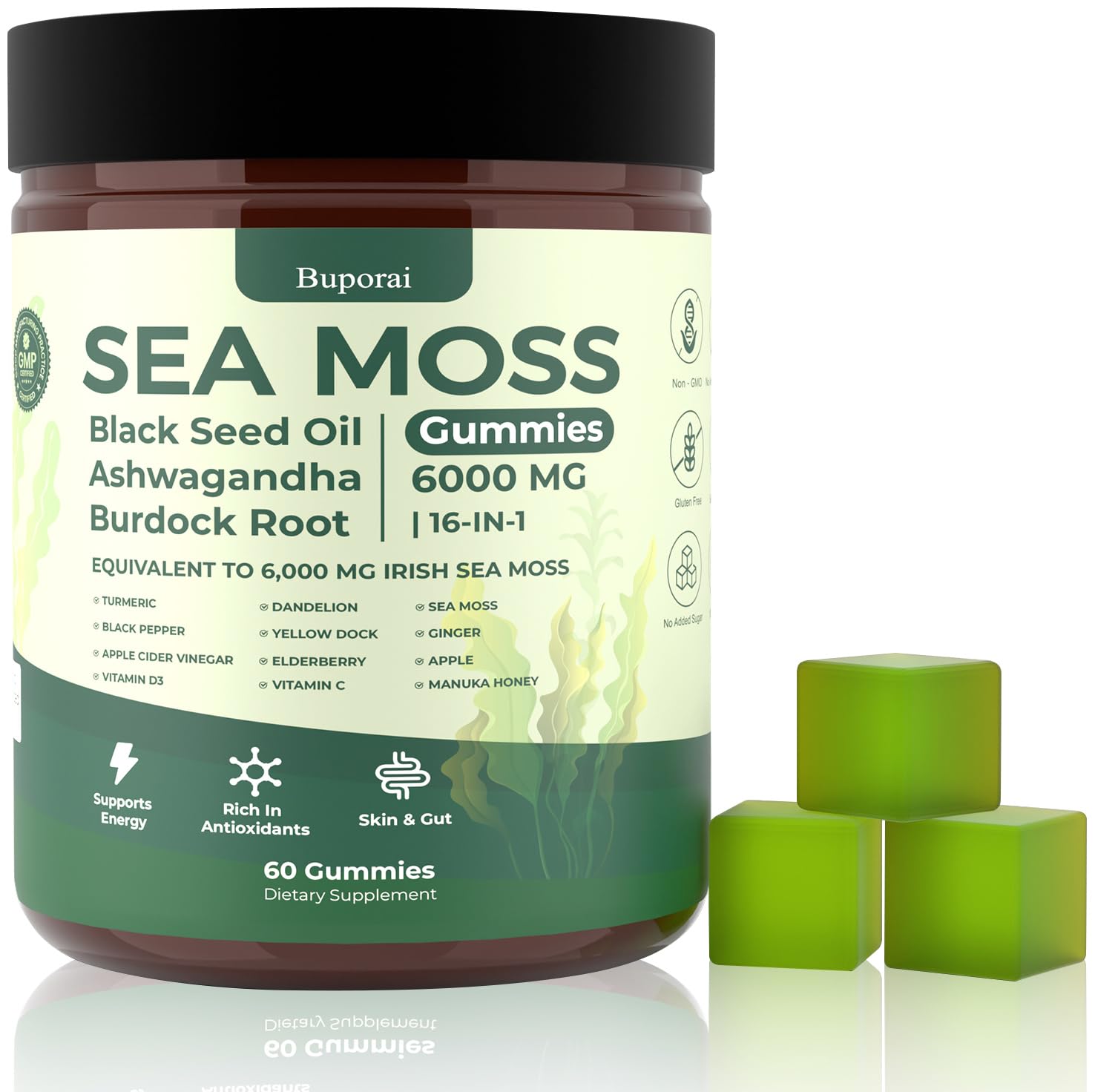 Buporai Sea Moss Gummies bottle with 16 botanicals for daily wellness