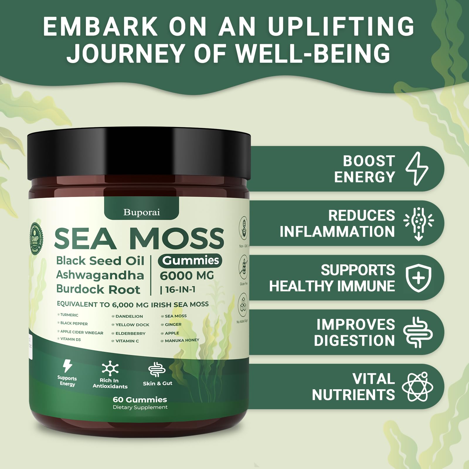 Buporai Sea Moss Gummies on a kitchen counter ready for daily routine
