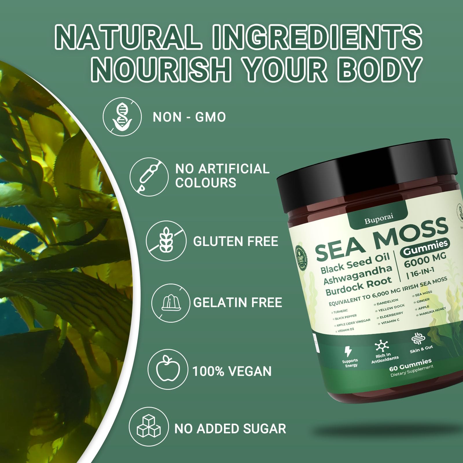 A hand holding a Buporai Sea Moss Gummy for daily wellness