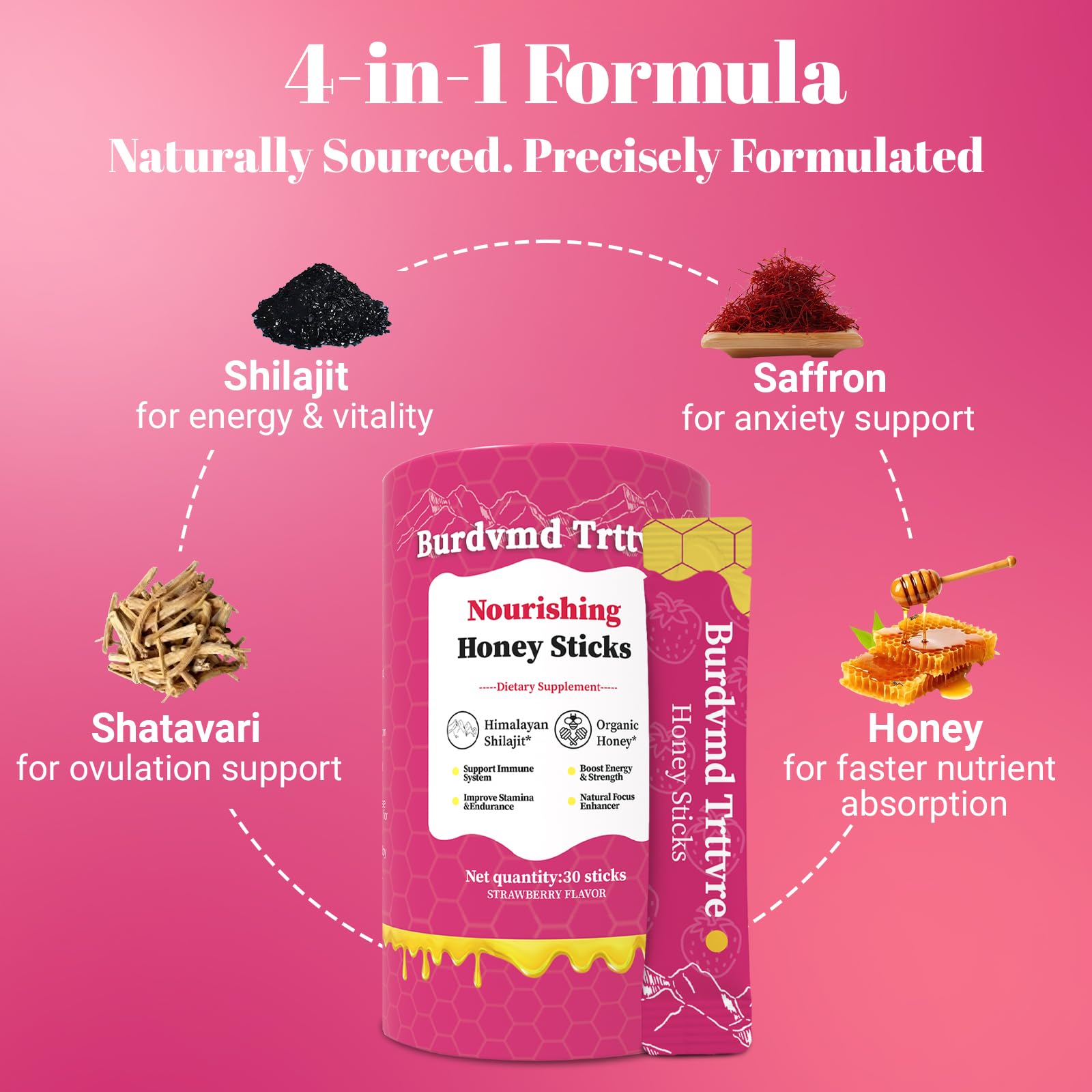 Burdvmd Trttvre Shilajit Honey Stick strawberry dispense close-up highlights natural sweetness.