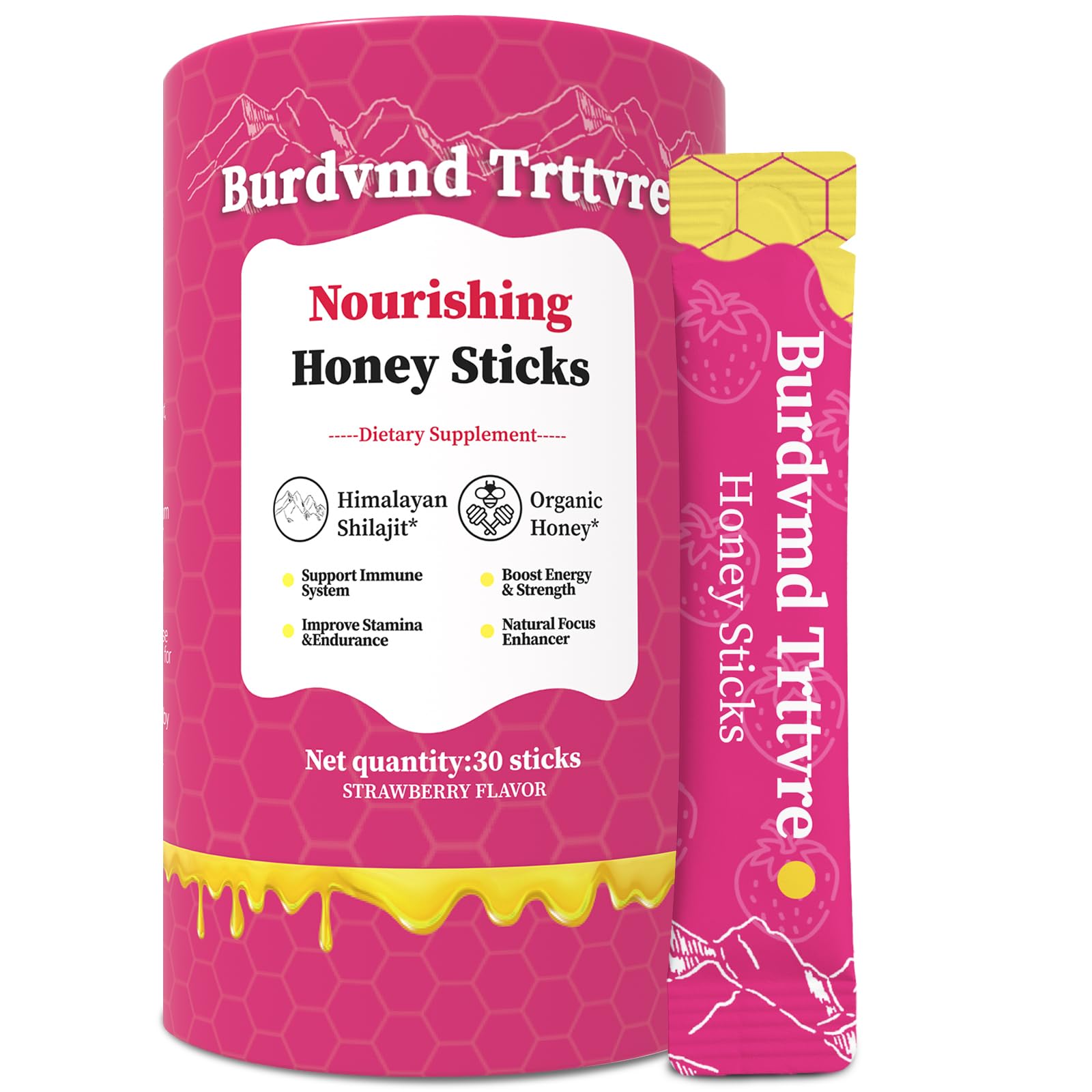 Burdvmd Trttvre Shilajit Honey Stick strawberry front view for easy daily energy support.