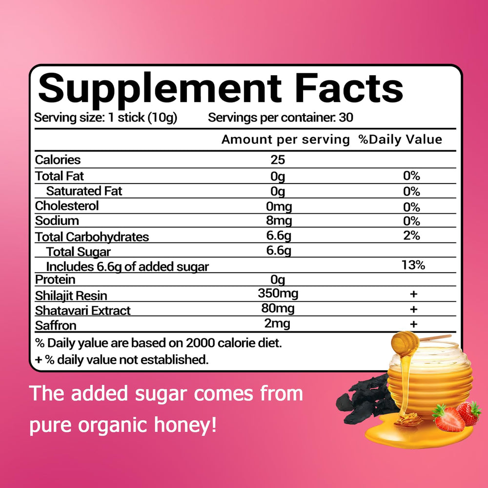 Burdvmd Trttvre Shilajit Honey Stick packaging shows premium, non-GMO energy source.