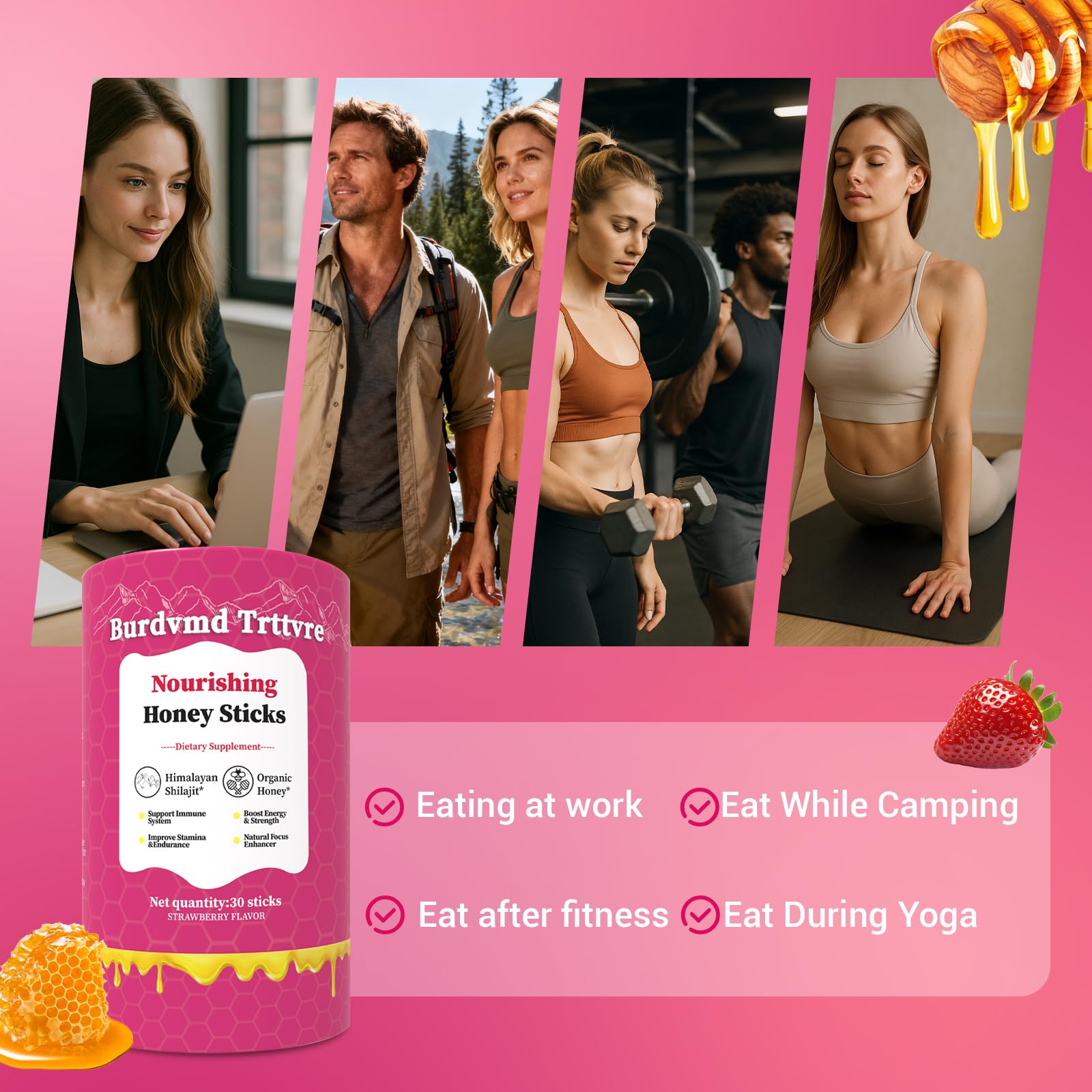 Burdvmd Trttvre Shilajit Honey Stick strawberry serving in-use for daily routine energy.