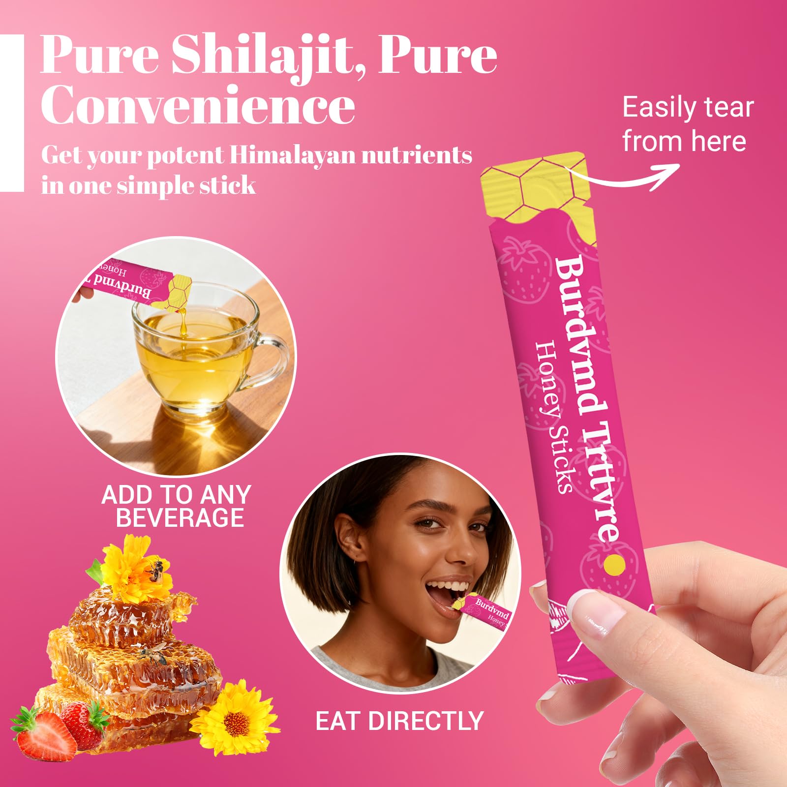 Burdvmd Trttvre Shilajit Honey Stick strawberry texture close-up suggests smooth, portable energy.