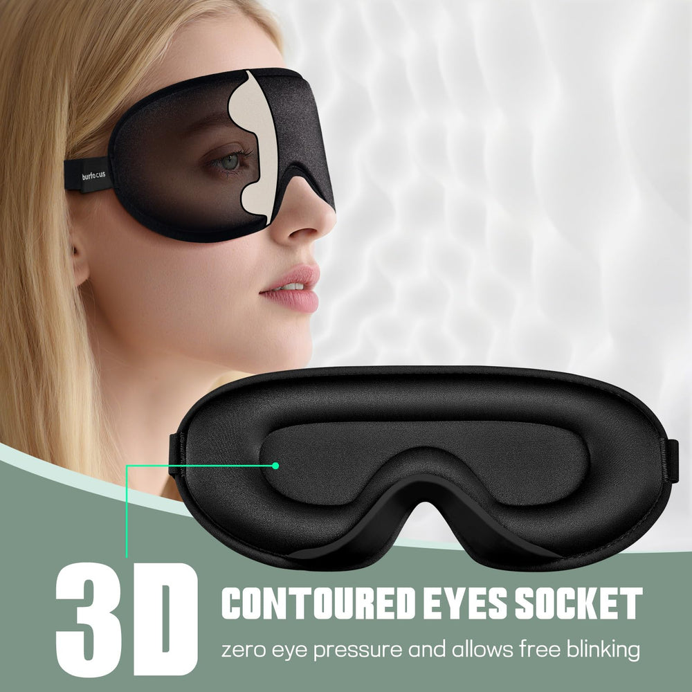 Burfocus Sleep Mask provides complete blackout with contour cups and nose padding.