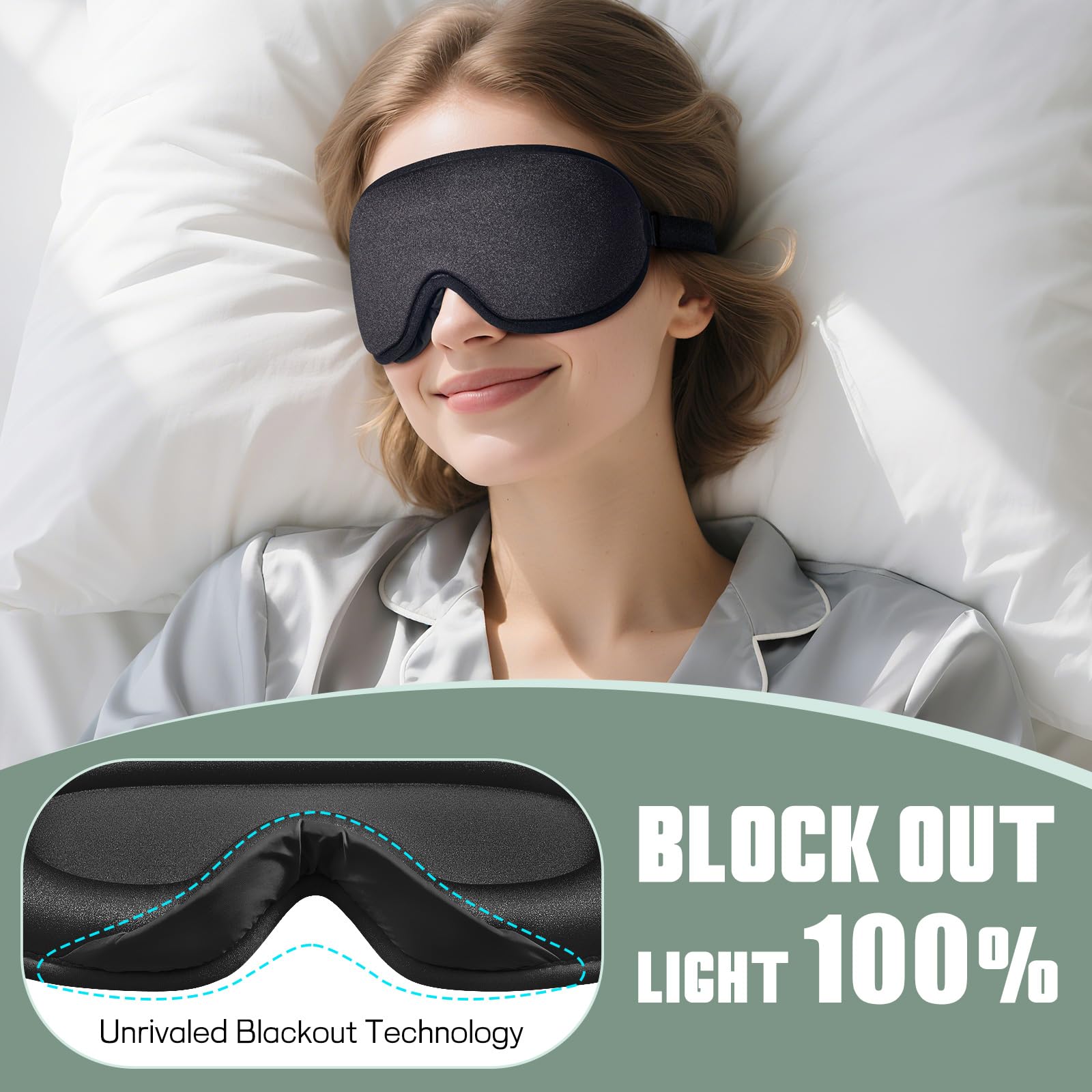 Burfocus Sleep Mask shows side sleeper design for flat, pressure free fit.