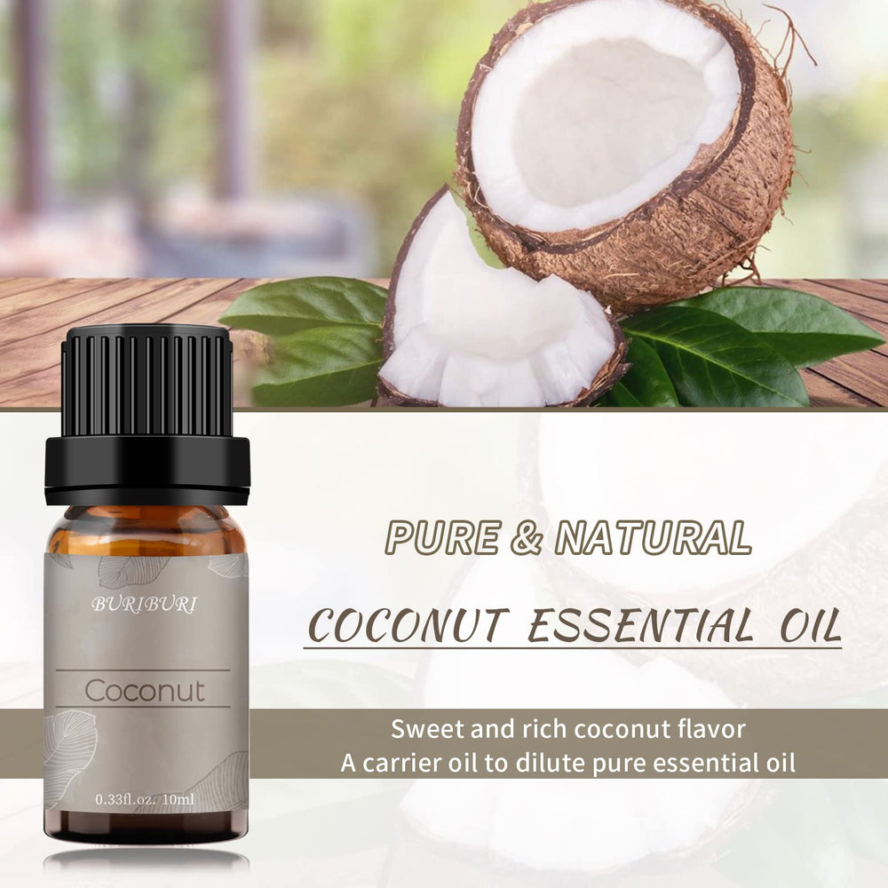 BURIBURI Coconut Essential Oil in amber glass bottle preserves purity.