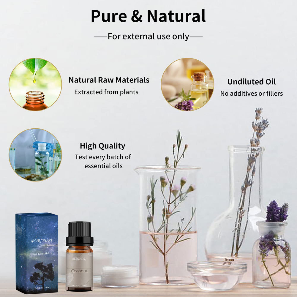 BURIBURI Coconut Essential Oil bottle used for blending and DIY projects.