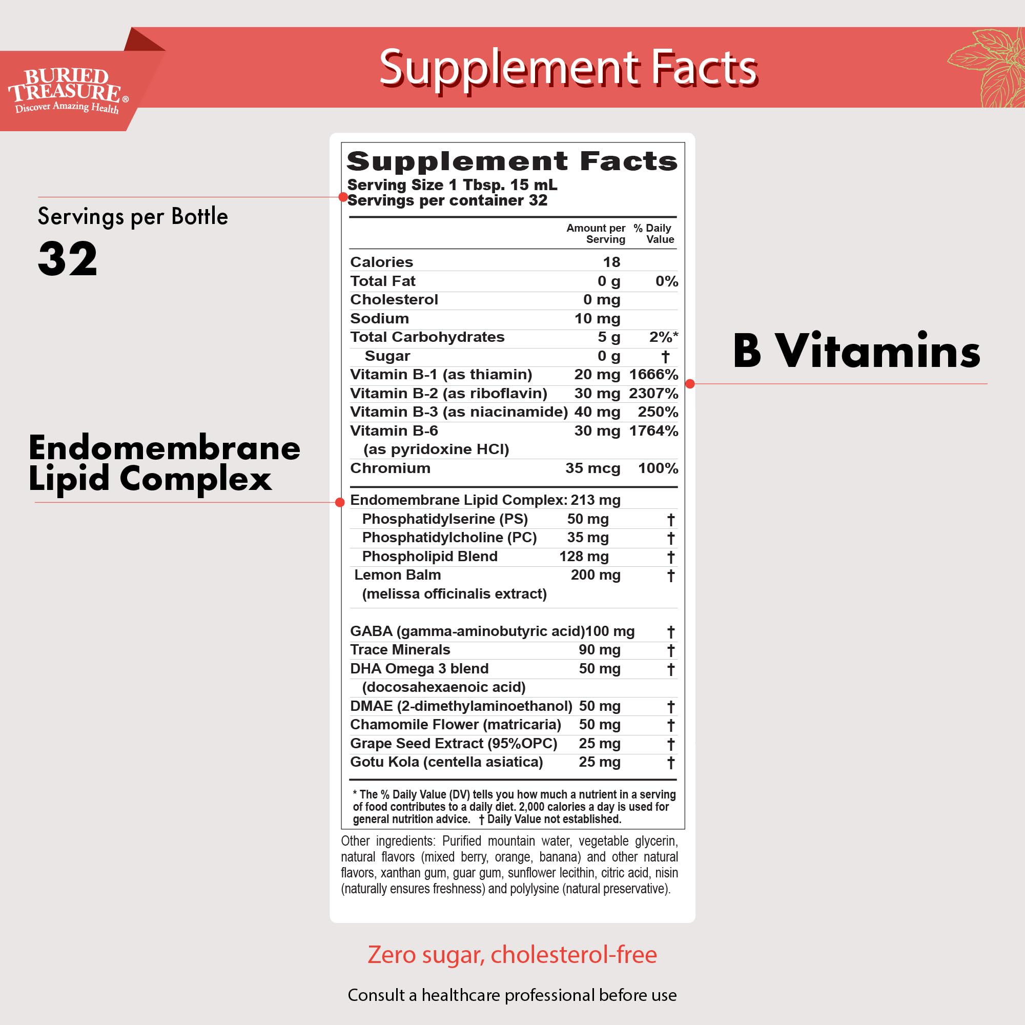 Buried Treasure Added Attention label highlights sugar-free, kid-friendly brain nutrition for daily study.
