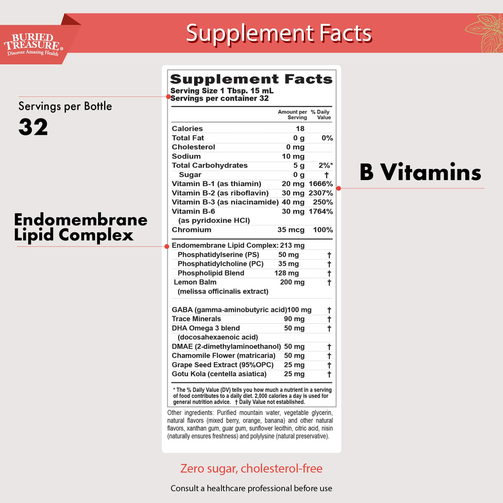Buried Treasure Added Attention label highlights sugar-free, kid-friendly brain nutrition for daily study.