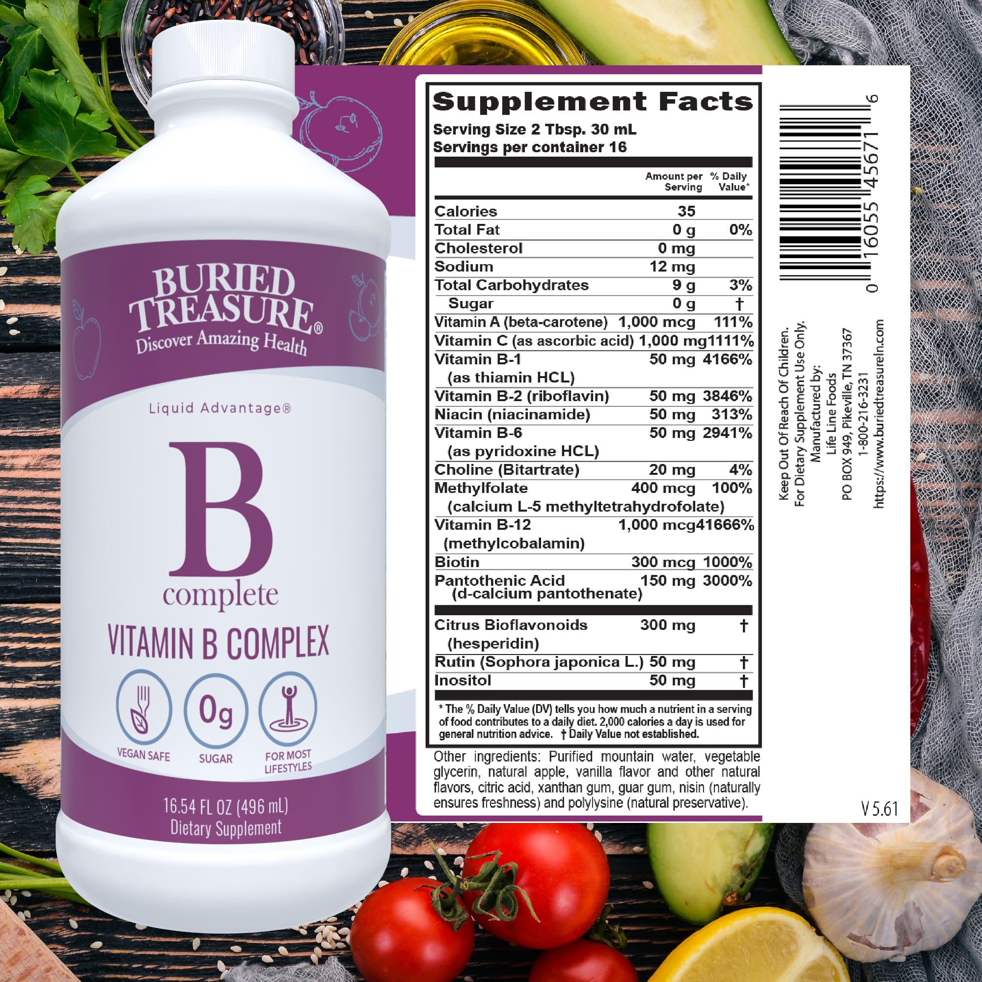 Buried Treasure B Complete bottle label shows vegan-friendly, sugar-free formula supporting wellness.