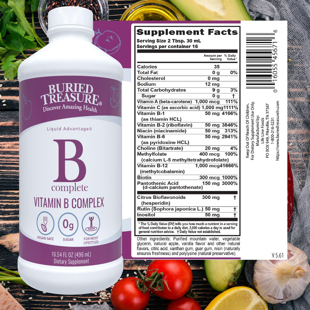 Buried Treasure B Complete bottle label shows vegan-friendly, sugar-free formula supporting wellness.