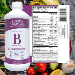 Buried Treasure B Complete bottle label shows vegan-friendly, sugar-free formula supporting wellness.