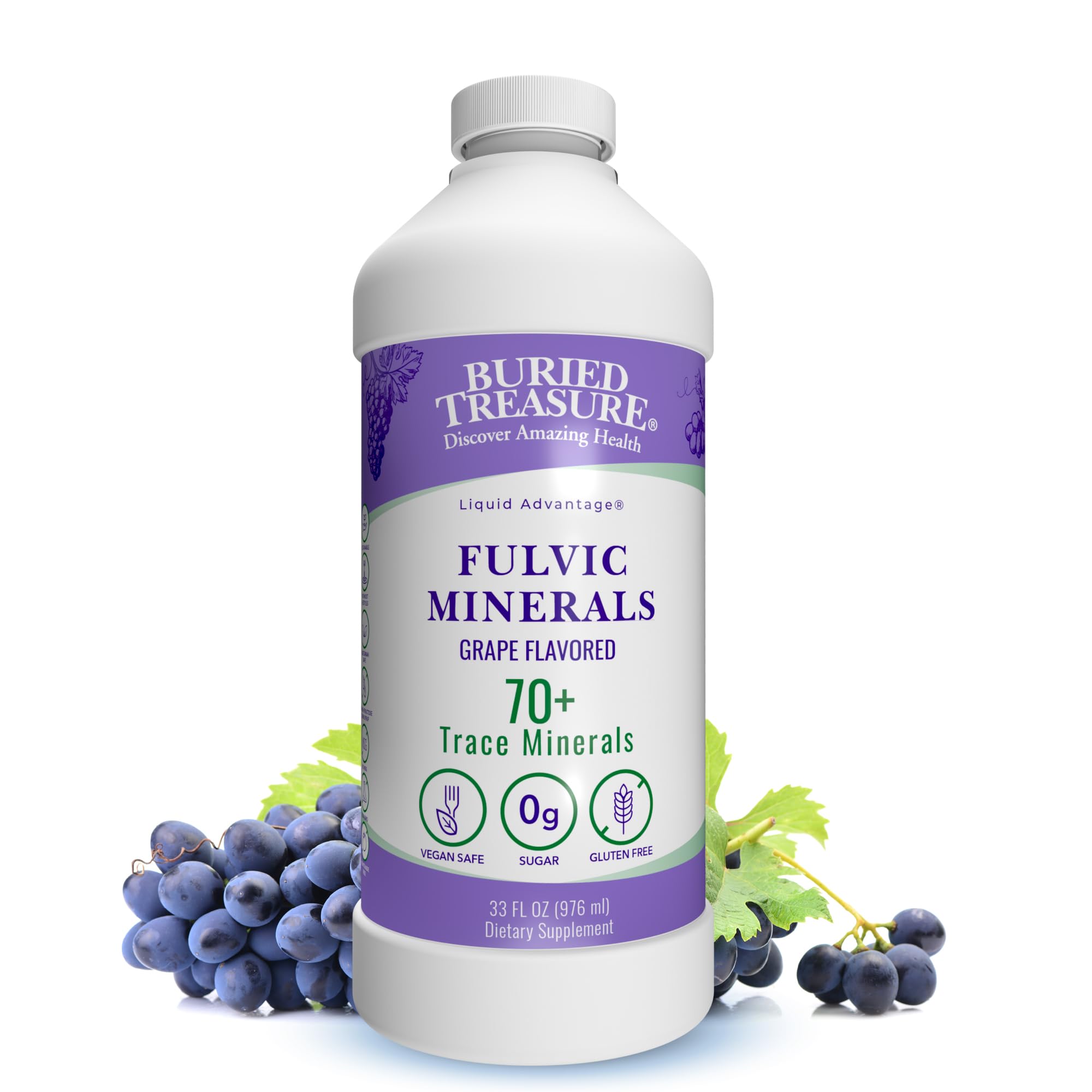 Buried Treasure Fulvic Minerals grape bottle for daily hydration.