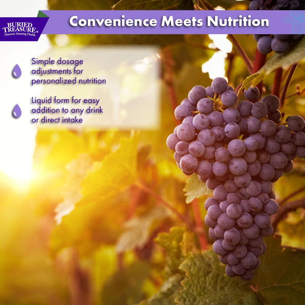 Glass of water with Buried Treasure Fulvic Minerals grape drops boosting hydration.