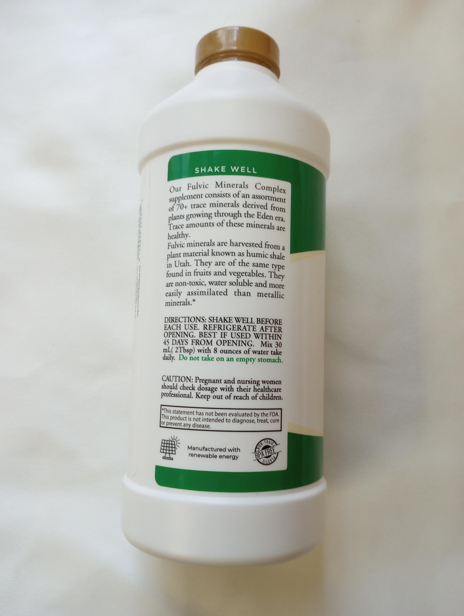 Buried Treasure Liquid Advantage Fulvic Minerals nutrition facts card on packaging.