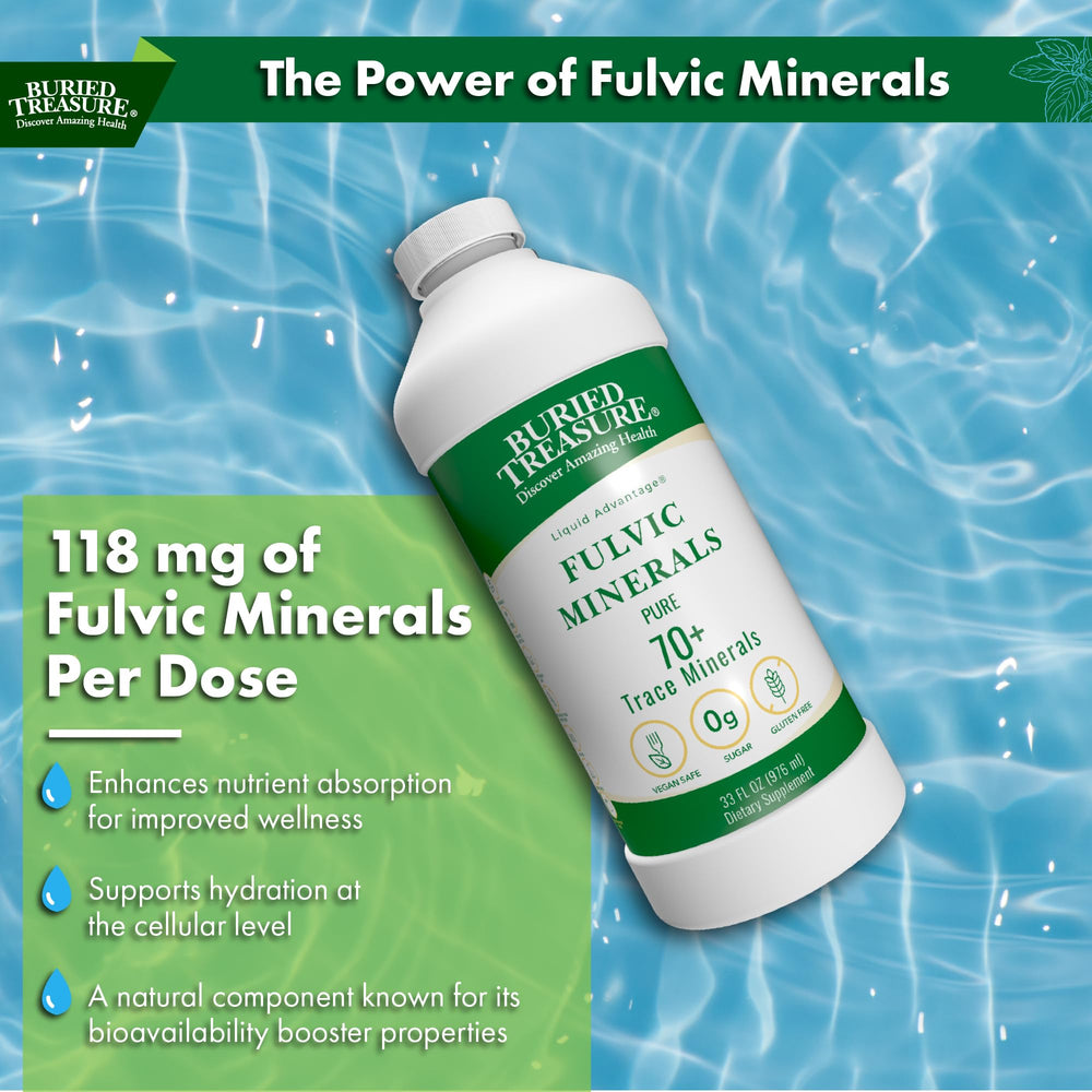 Buried Treasure Liquid Advantage Fulvic Minerals drops illustrating precise dosage for hydration.