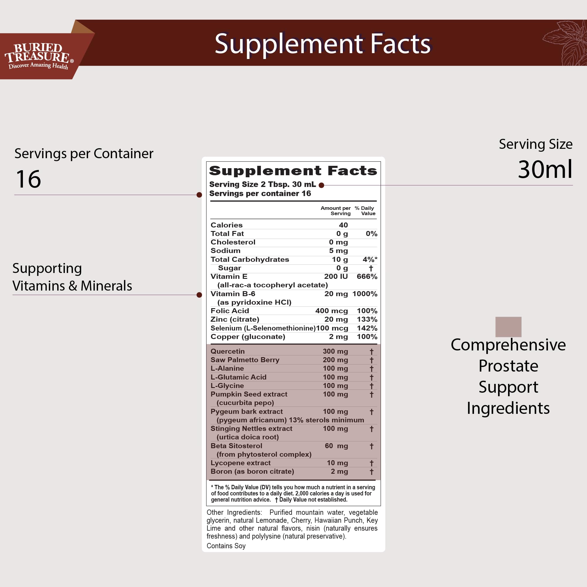 Close-up of label highlighting saw palmetto and other herbal ingredients for men's health.
