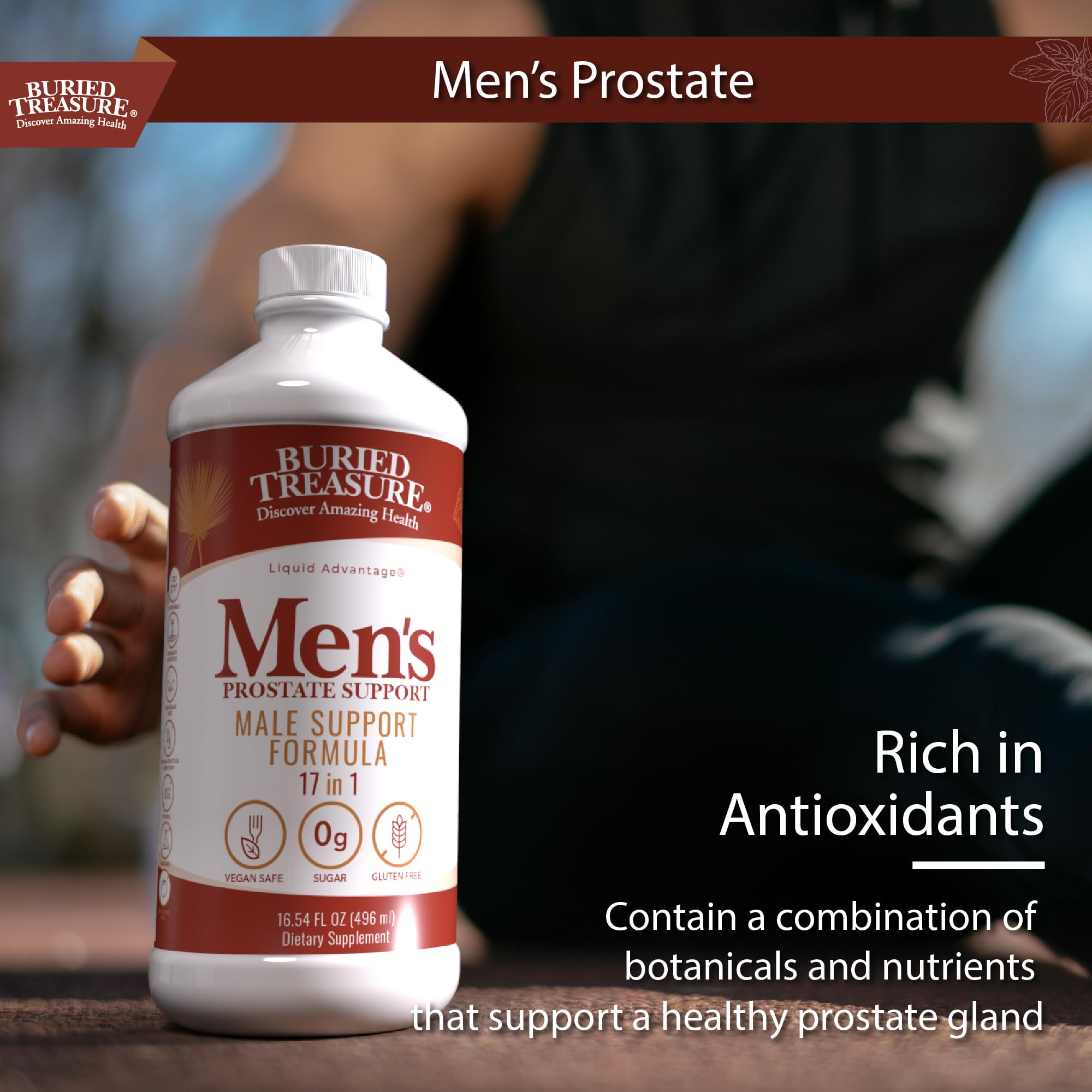 Packaging box highlighting gluten-free and BPA-free features of Buried Treasure.