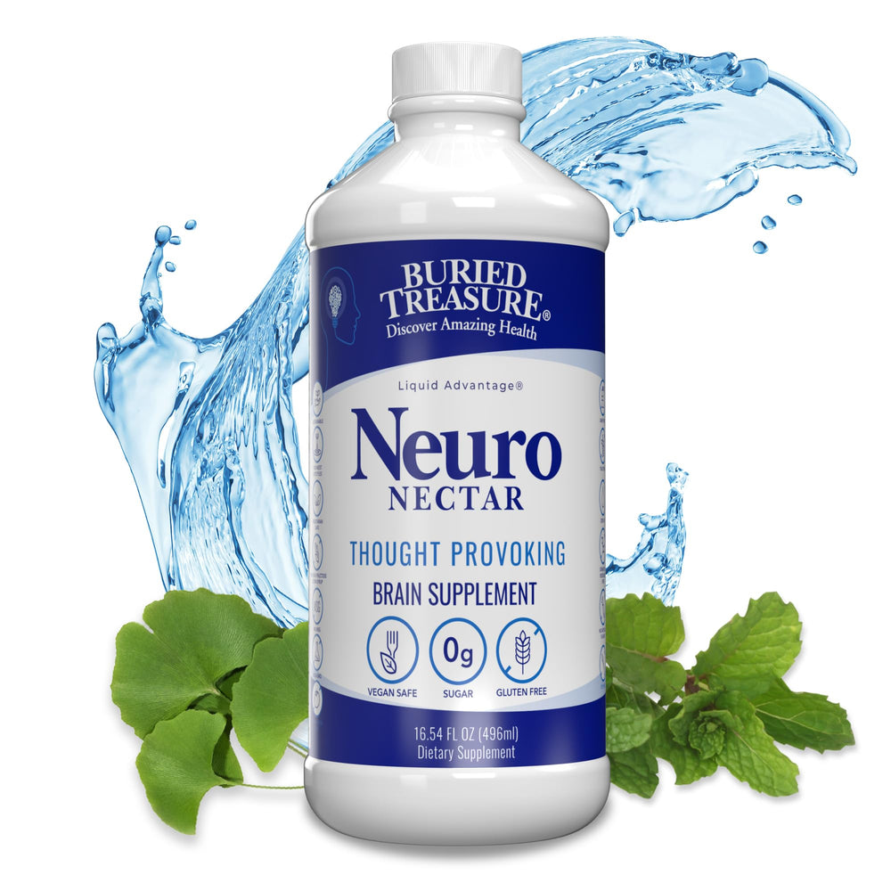 Buried Treasure Neuro Nectar bottle on a desk for quick mental focus
