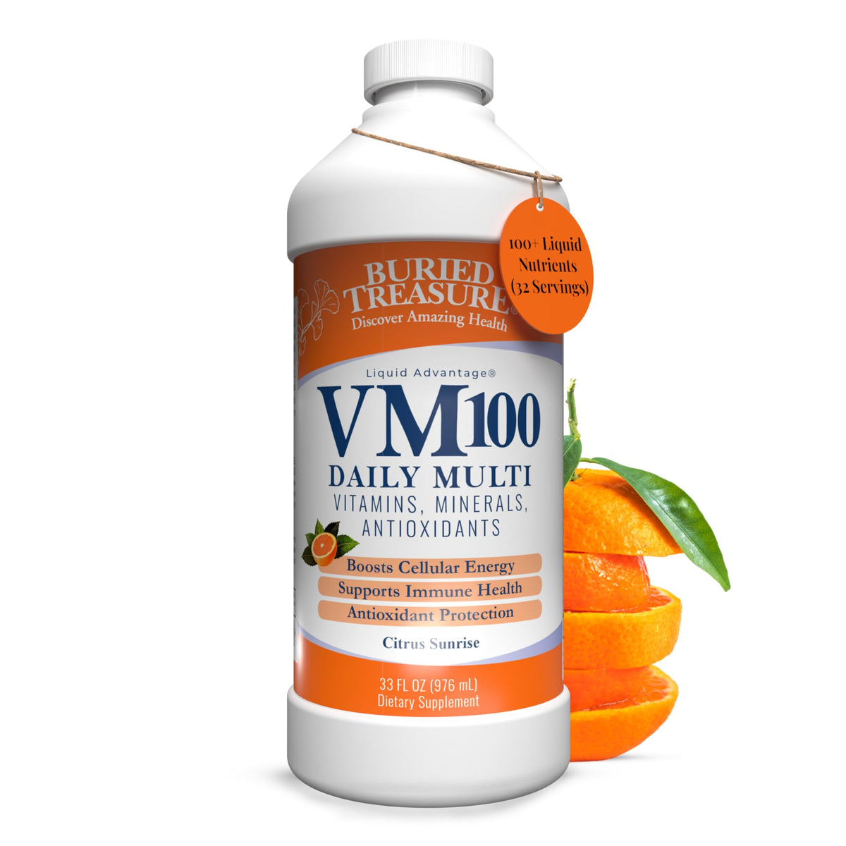 Buried Treasure VM100 bottle closeup showing label and nutrient blend for daily wellness.