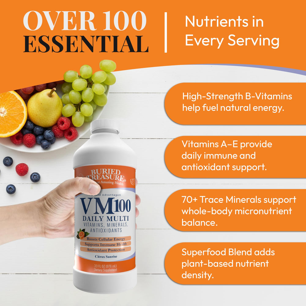 Buried Treasure VM100 label detail highlights 100+ nutrients and clean ingredients.