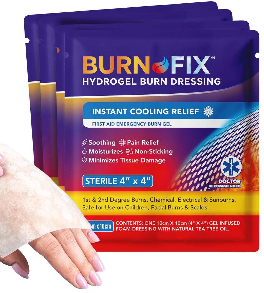 BurnFix four-pack hydrogel burn dressing for quick first aid on minor burns