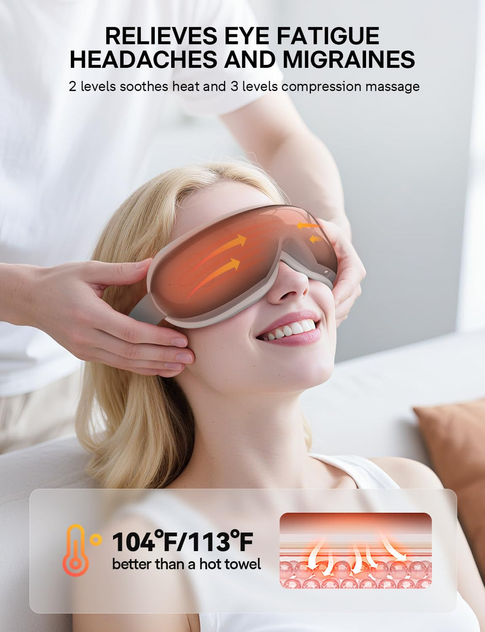 Burrki Eye Massager heat mode in action for puffiness relief.