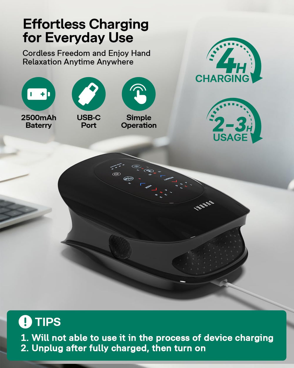 Burrki hand massager cordless operation lets you use it anywhere