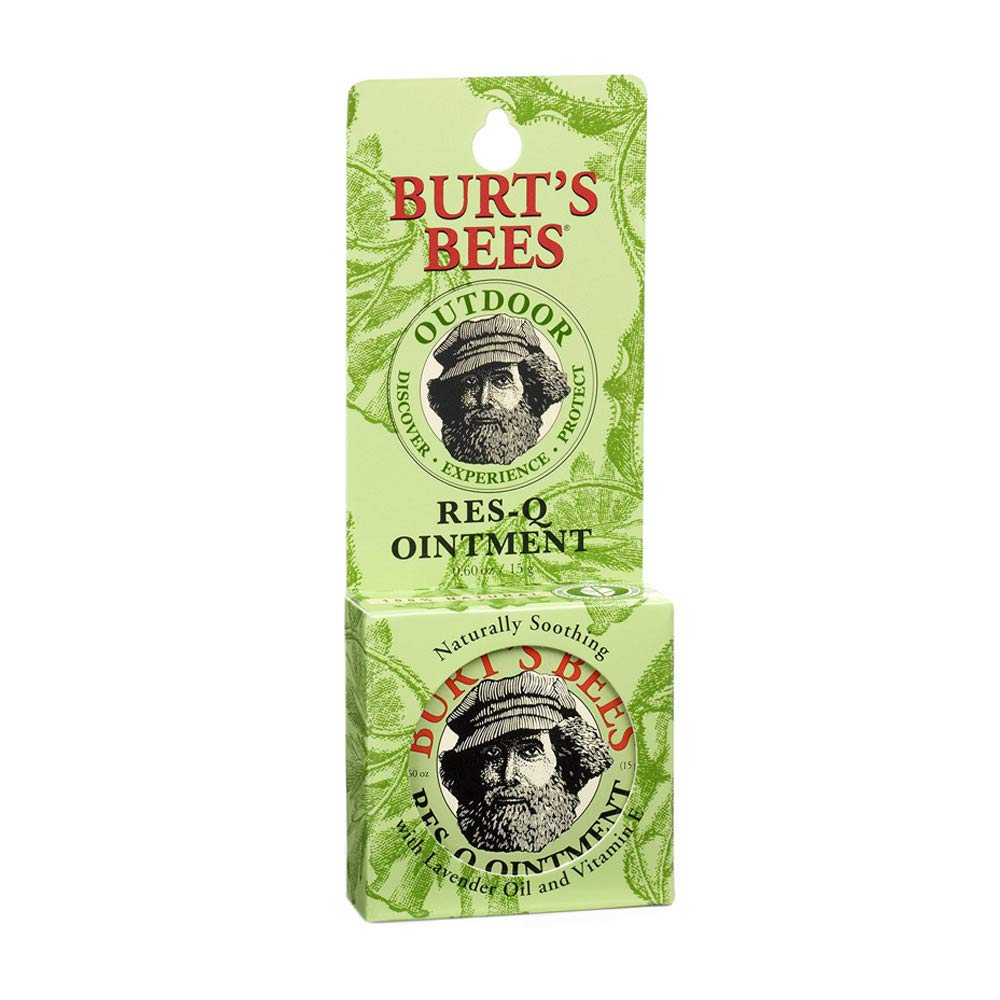 Burt's Bees Res-Q Ointment application scene suggests a multipurpose balm for skin care.