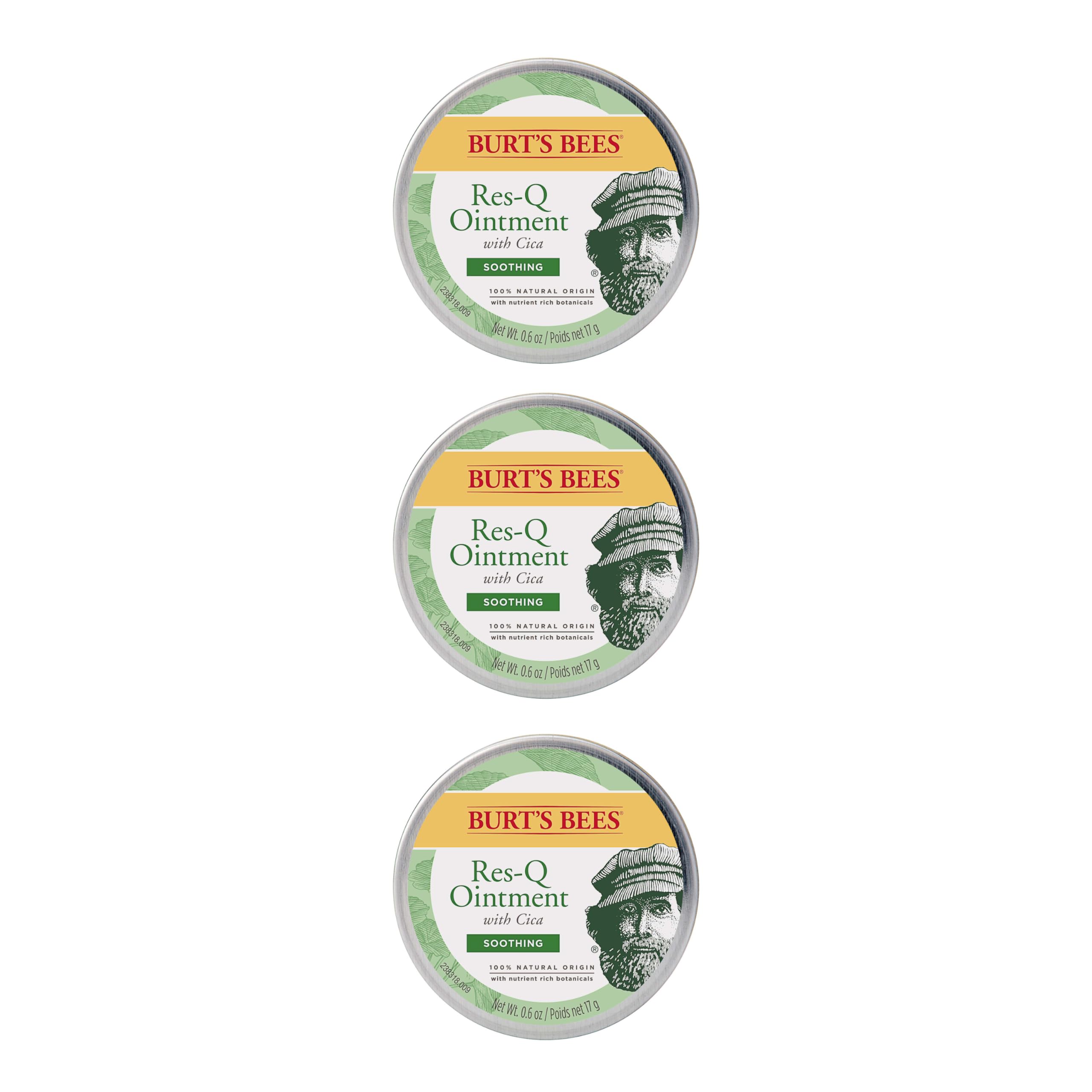 Burt's Bees Res-Q Ointment ingredients label shows natural origin and cruelty-free status.