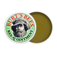 Burt's Bees Res-Q Ointment packaging label showcases all-natural ingredients and no harsh additives.