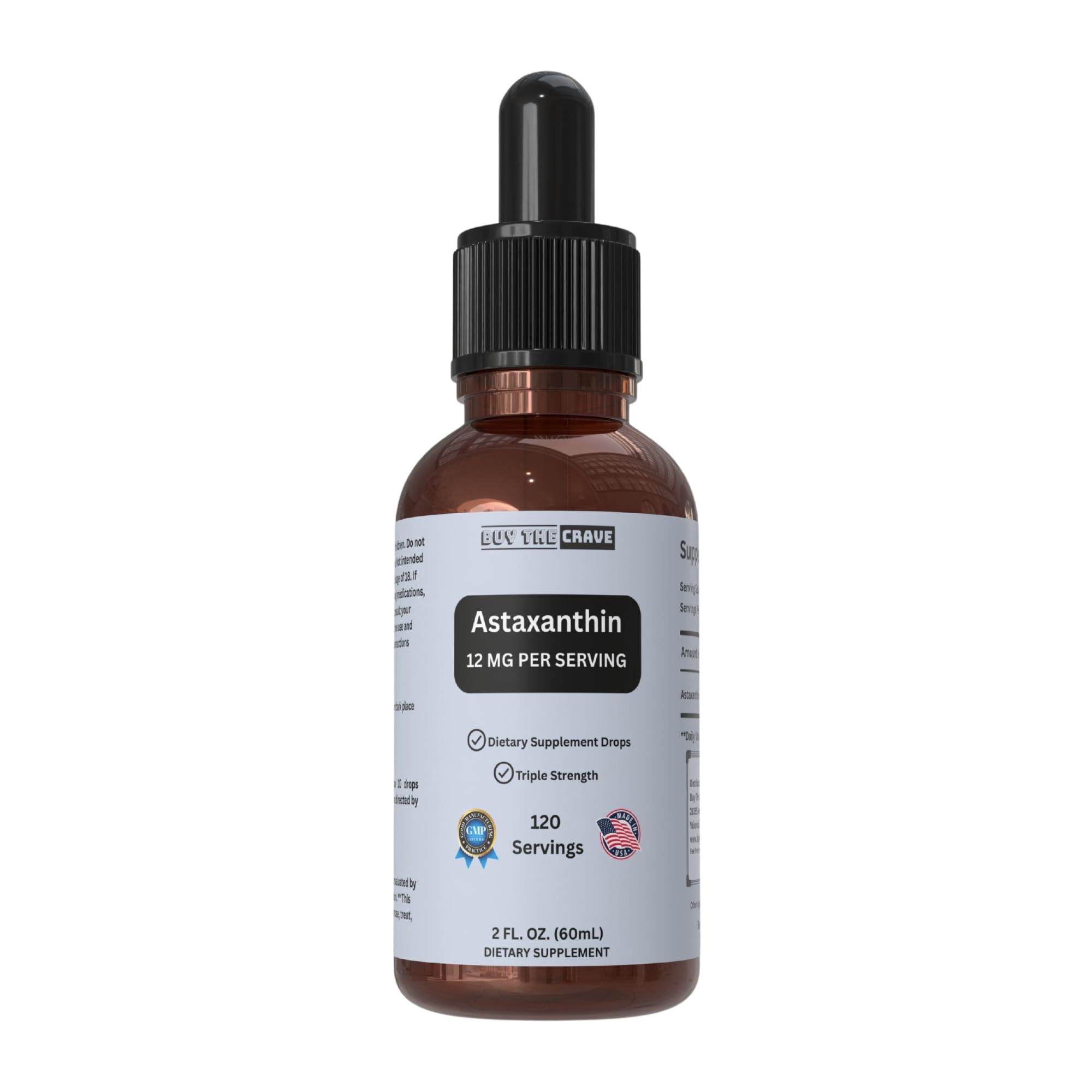 BUY THE CRAVE Astaxanthin liquid drops bottle highlights 12 mg for daily antioxidant support.