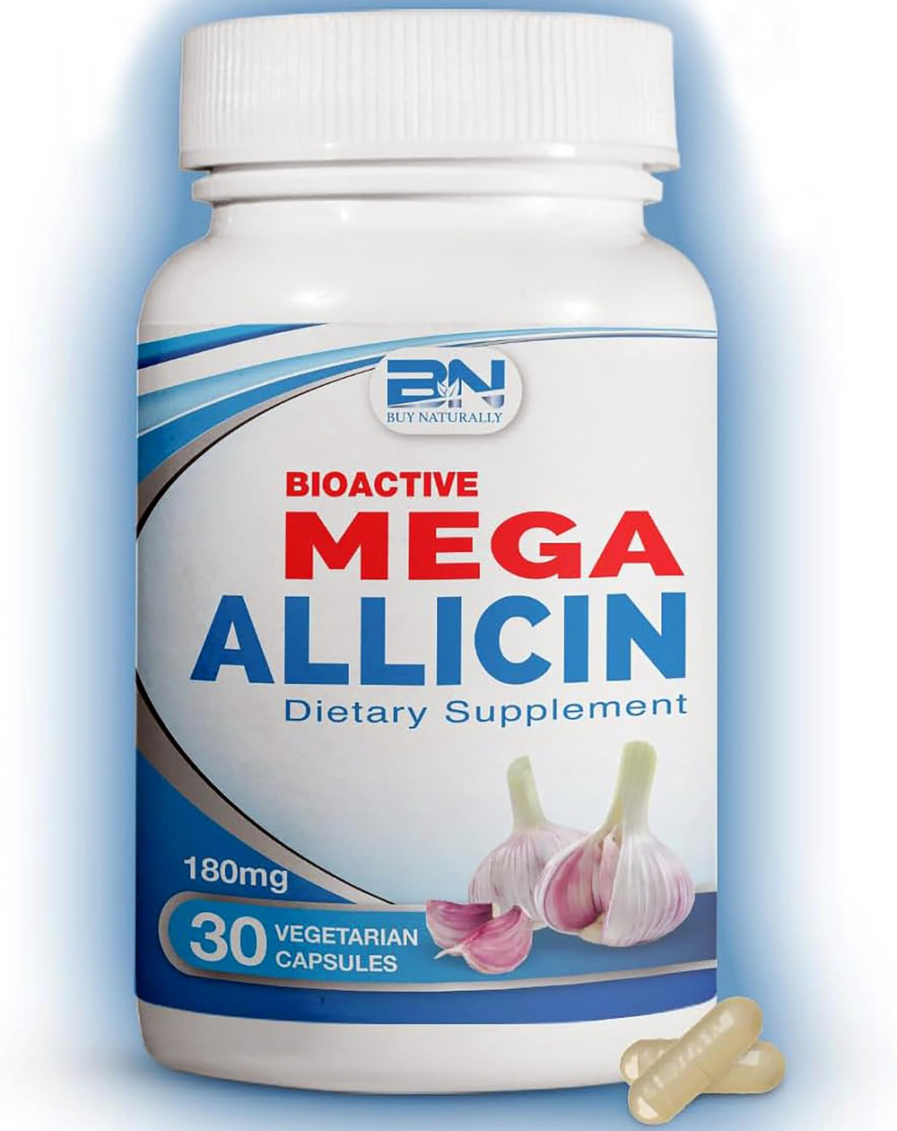 BuyNaturally allicin bottle front on clean display for daily immune support.