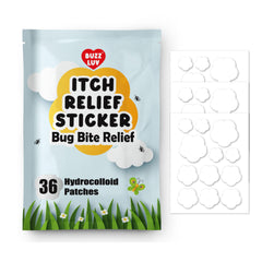 BUZZLUV Itch Relief Patches for Kids pack closeup with gentle hydrocolloid protection