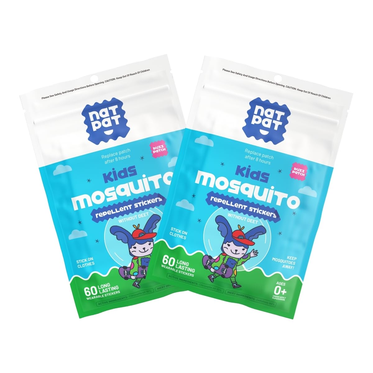 BuzzPatch mosquito patch for kids 60-pack offers plant-based protection outdoors.