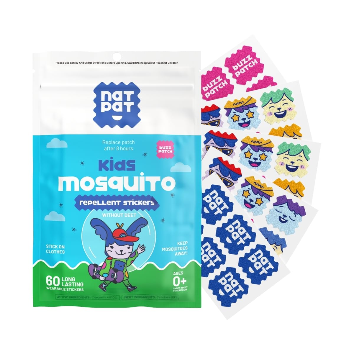 BUZZPATCH NATPAT Mosquito Patch packaging highlights plant-based ingredients