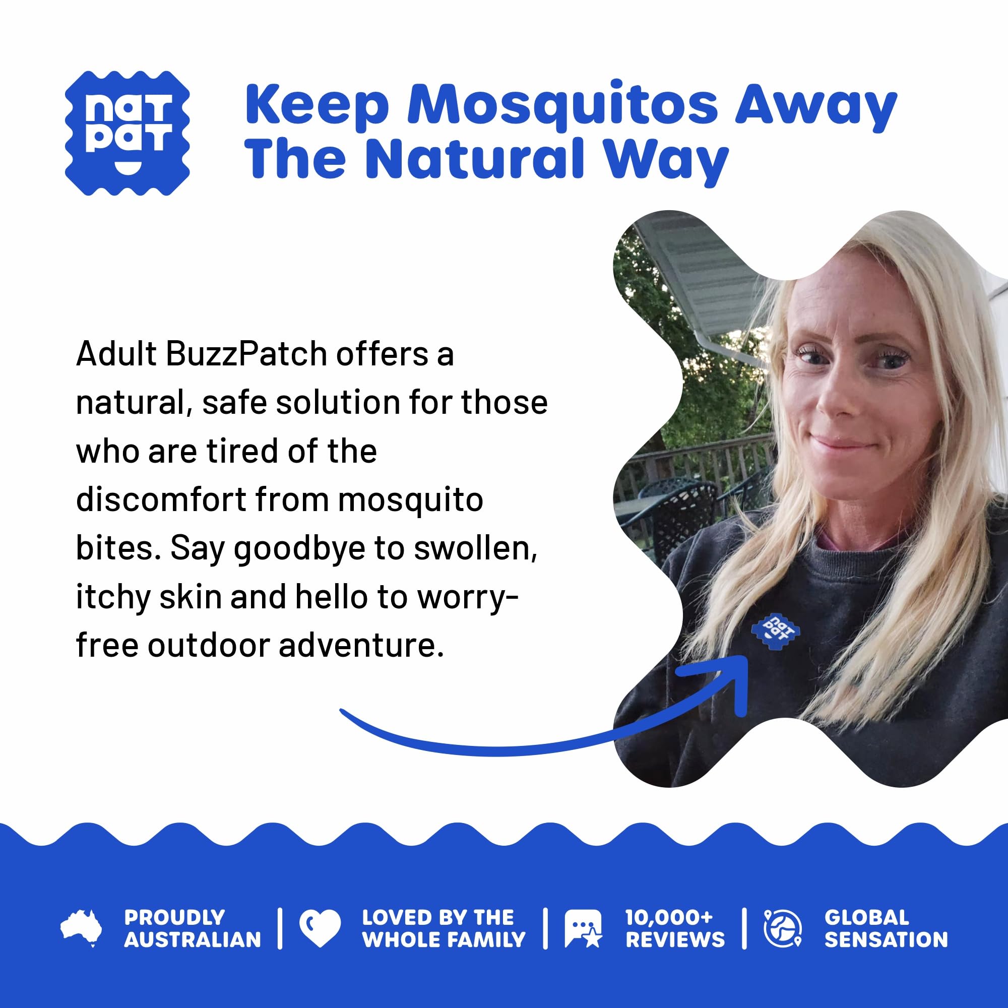 BUZZPATCH NATPAT on sleeve shows placement near exposed areas on a T-shirt
