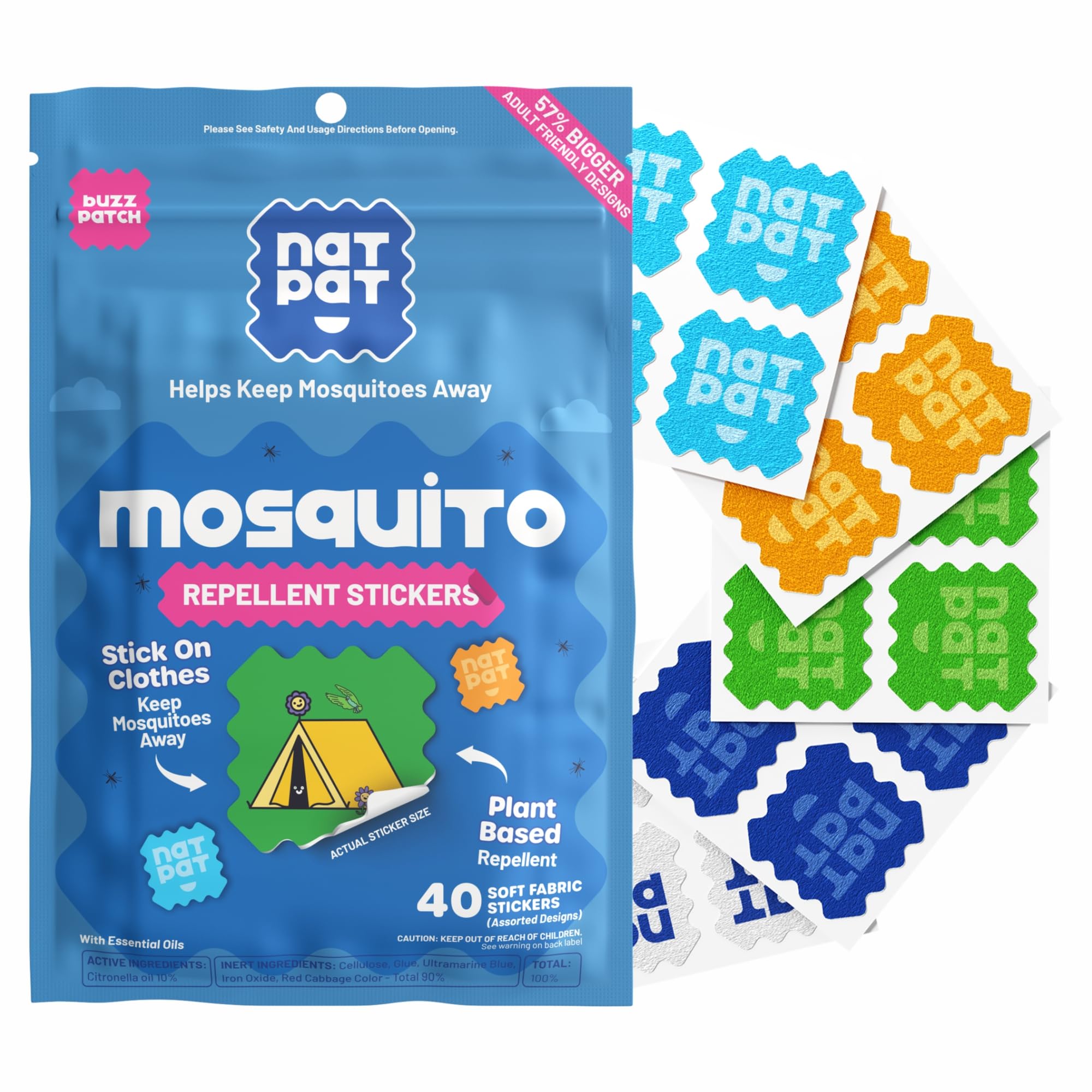 BUZZPATCH NATPAT packaging close-up showing plant-based, non-toxic patches for safe outdoor use