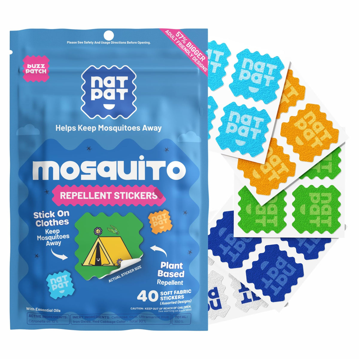 BUZZPATCH NATPAT packaging close-up showing plant-based, non-toxic patches for safe outdoor use