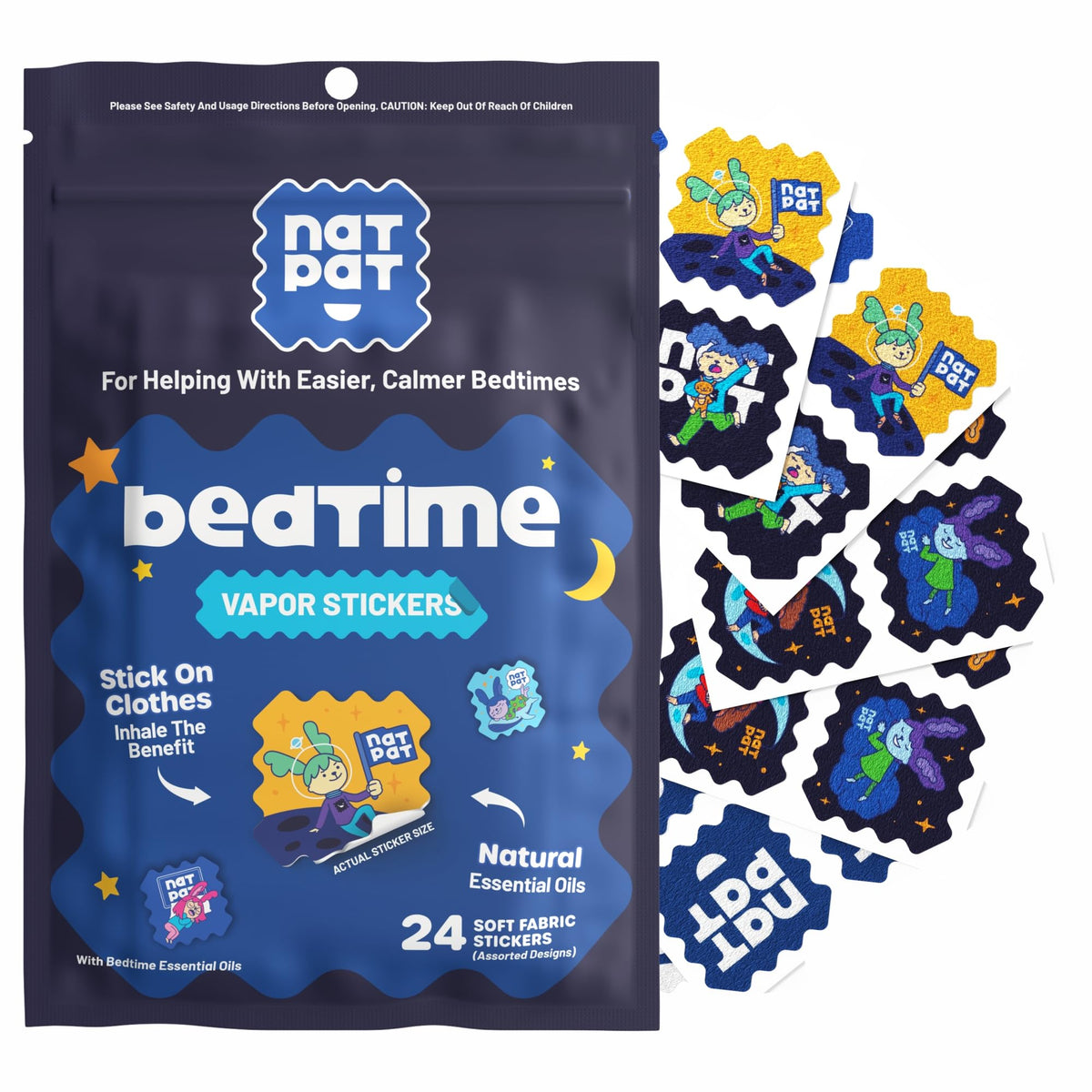 BuzzPatch NATPAT Sleepy Patch on a kid's pajamas promotes a calmer bedtime routine.