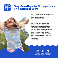 BuzzPatch non-toxic, DEET-free formula with citronella delivers family-friendly protection.