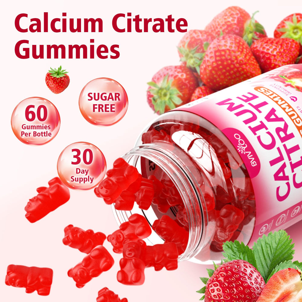BVIVLOO Calcium Gummies allergen-free packaging notes gluten-free and soy-free.