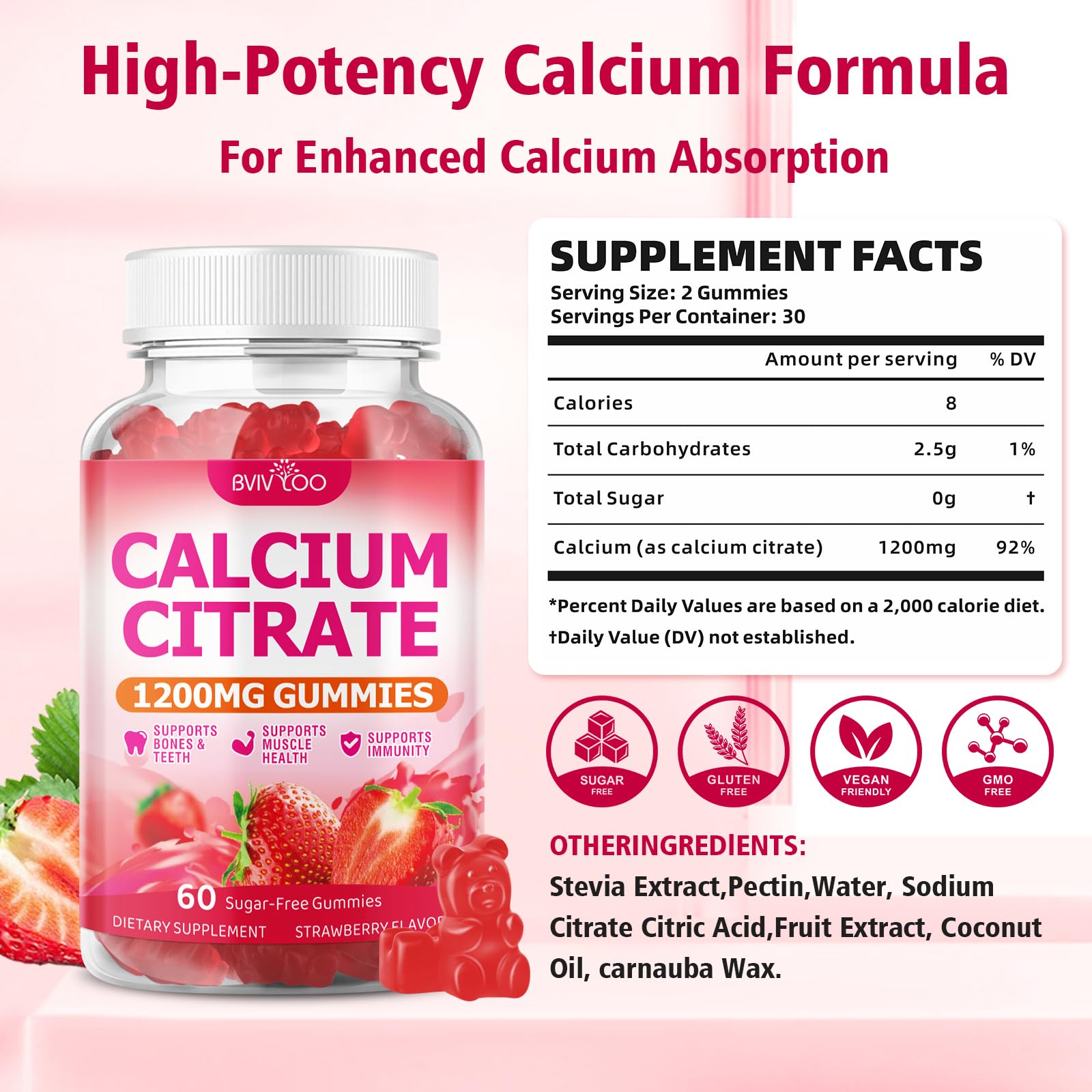 BVIVLOO Calcium Gummies serving image highlights 120 gummies for daily intake.