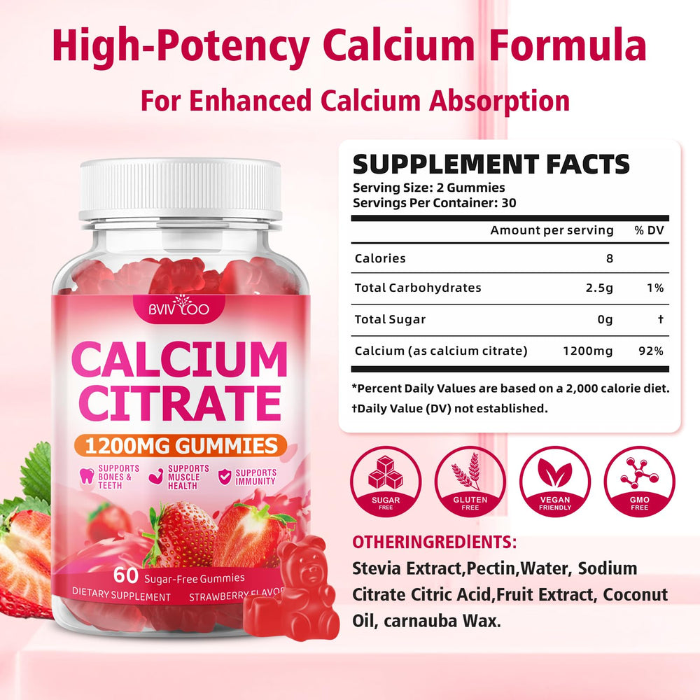 BVIVLOO Calcium Gummies serving image highlights 120 gummies for daily intake.