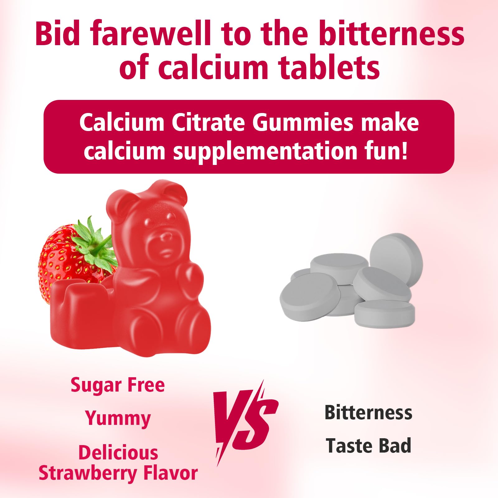 BVIVLOO Calcium Gummies strawberry flavor front label suggests tasty daily nutrition.