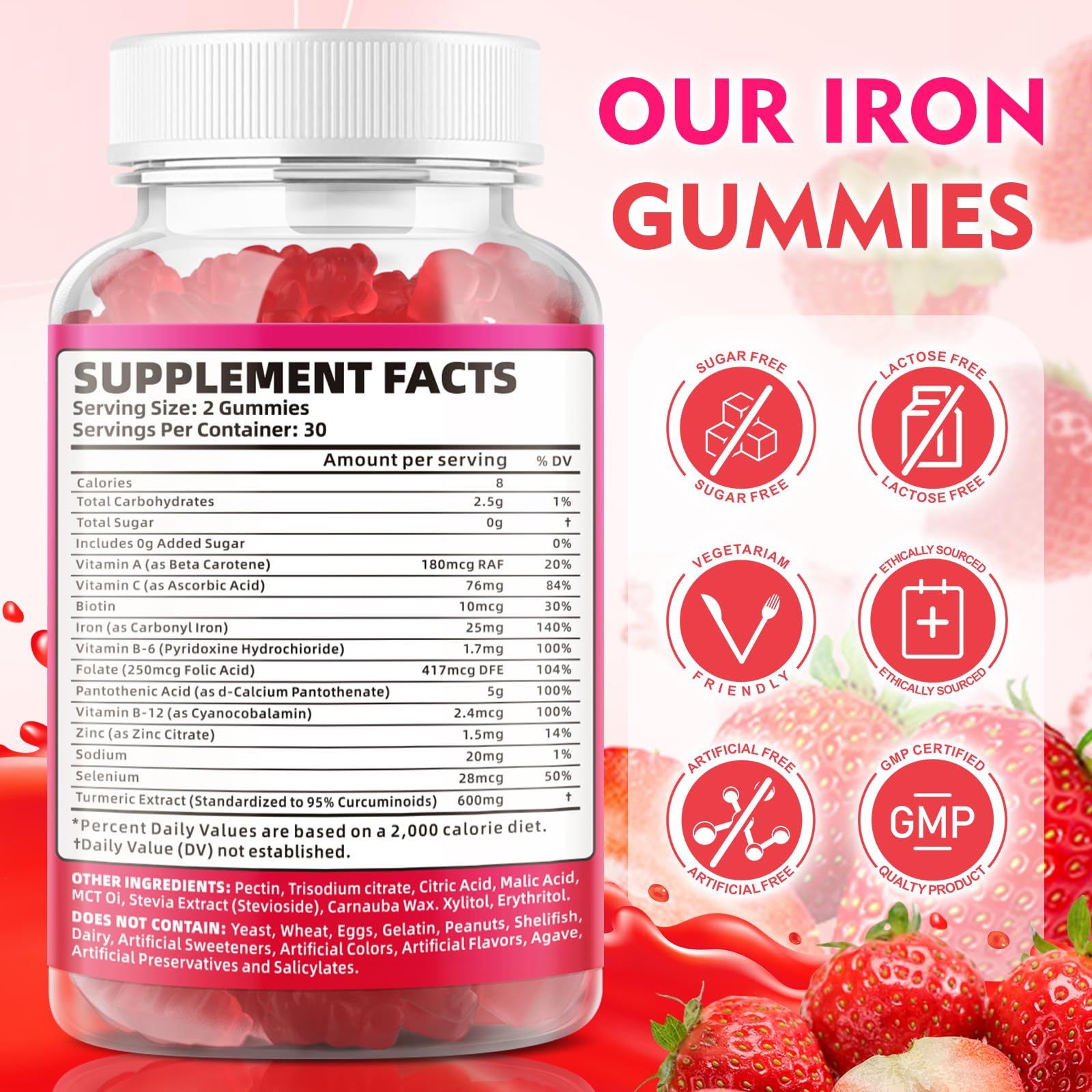 BVIVLOO iron gummies bottle close-up showing vegan formula for gentle digestion.
