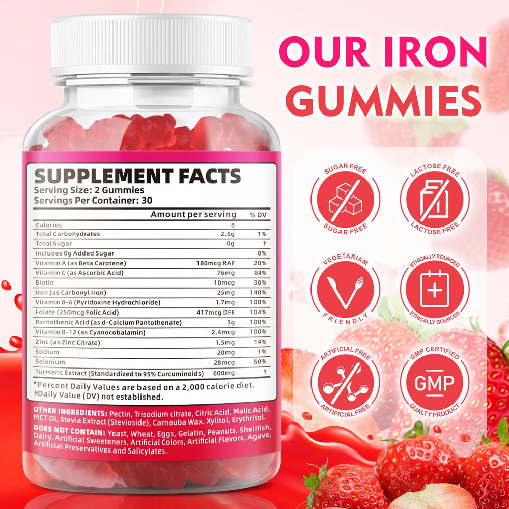 BVIVLOO iron gummies bottle close-up showing vegan formula for gentle digestion.
