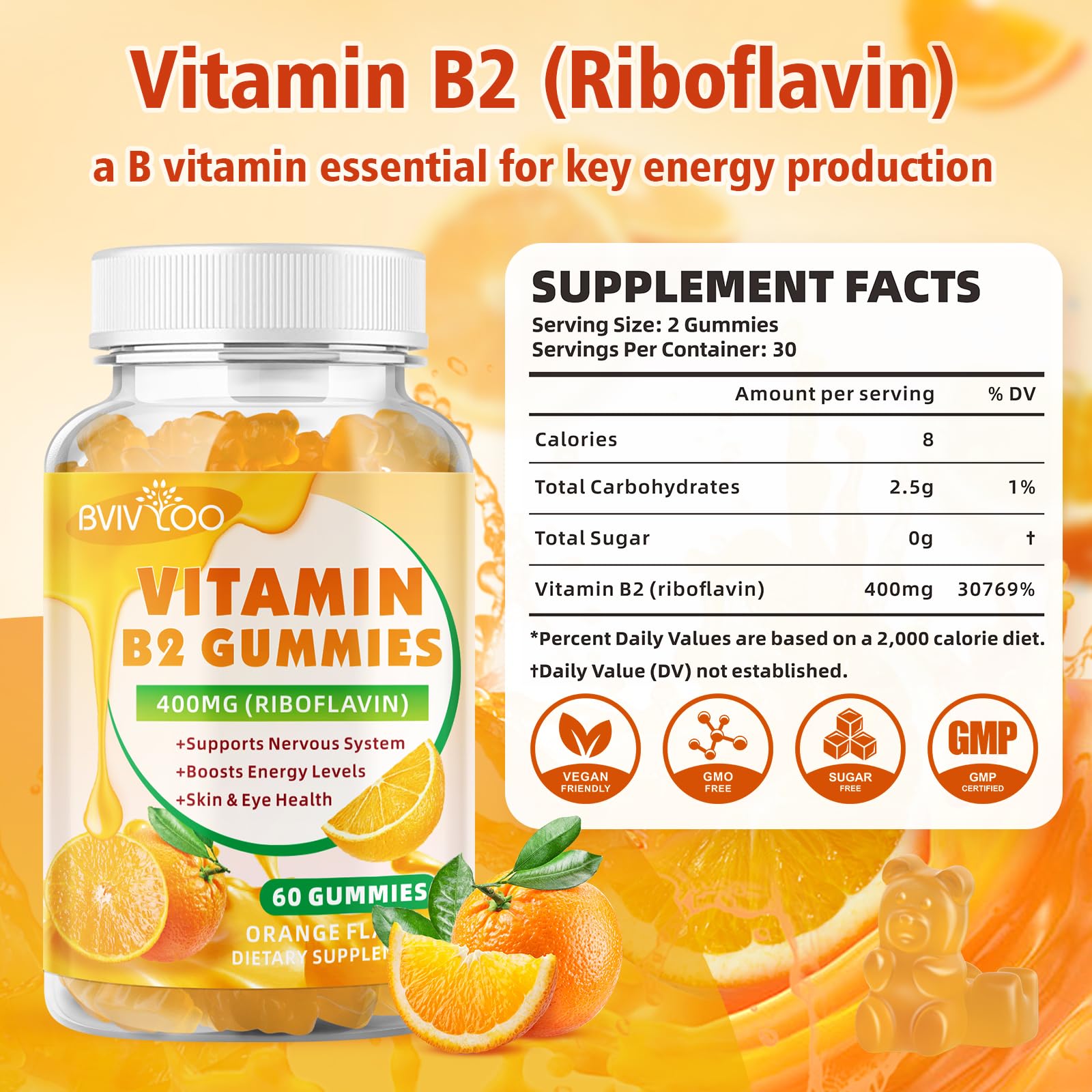 BVIVLOO Riboflavin orange gummies close-up showcasing vibrant flavor.
