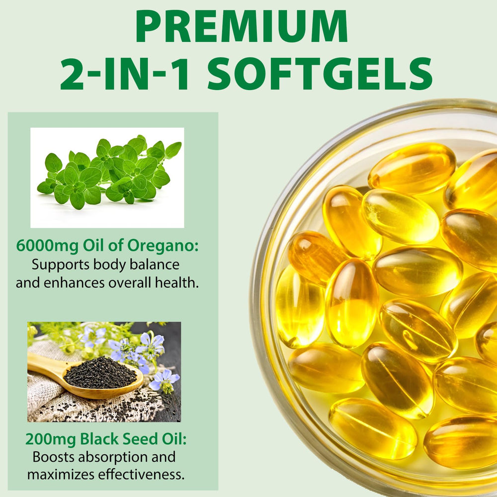 BXRUIAGN 2-in-1 formula visual showing oregano oil alongside black seed oil components